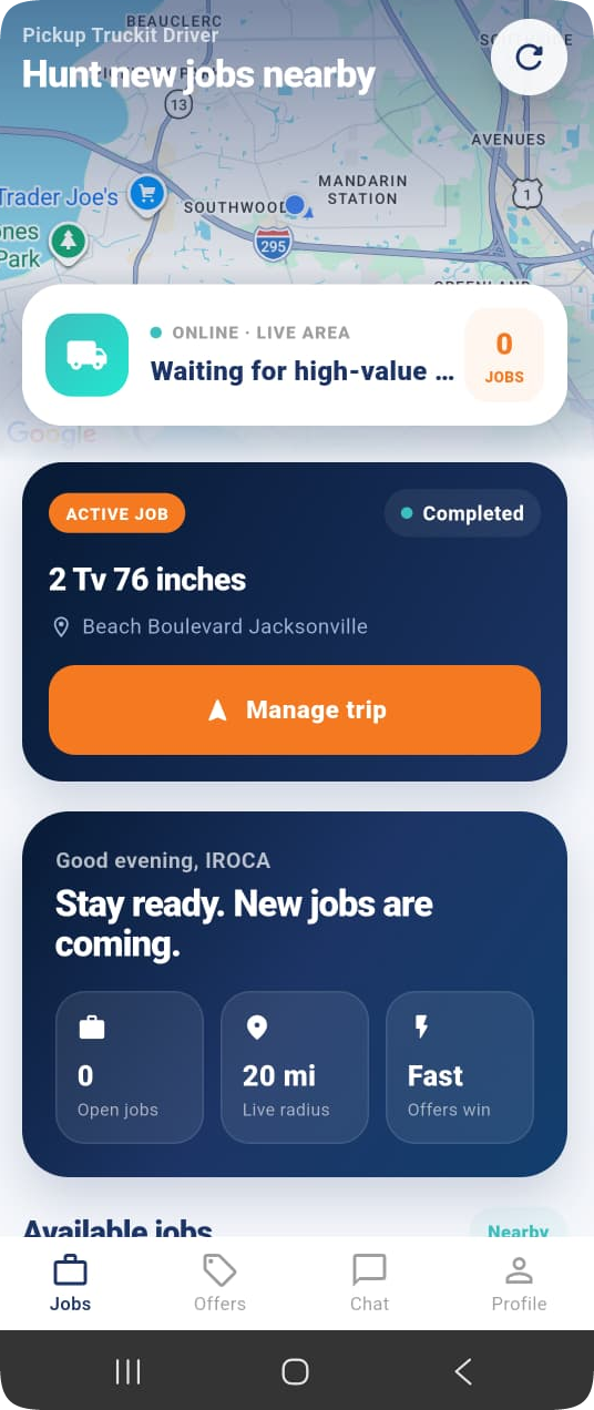 The Pickup Truckit home screen showing a job ready to post