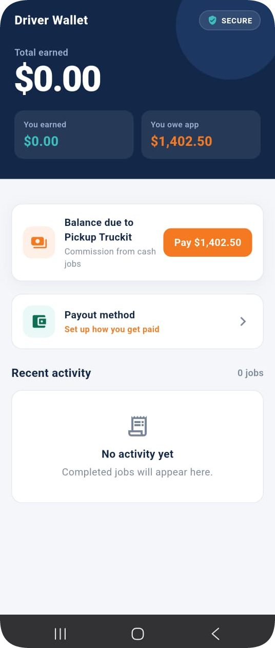 The driver wallet showing total earned and recent jobs